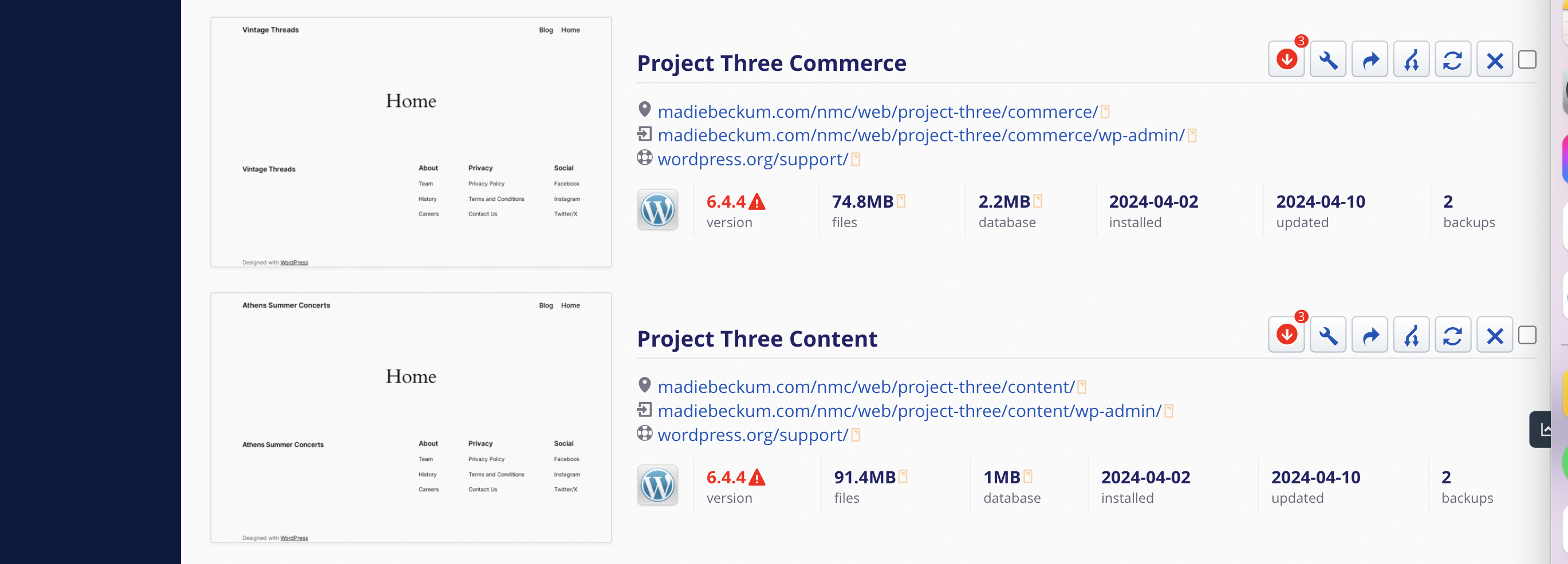 Screenshot of two webite links for project three